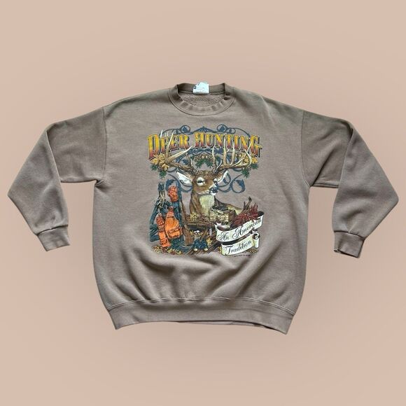 VTG 90s Heavyweight Lee Deer Hunter Tan Graphic 1996 Crewneck Sweatshirt XL EUC - Picture 1 of 8